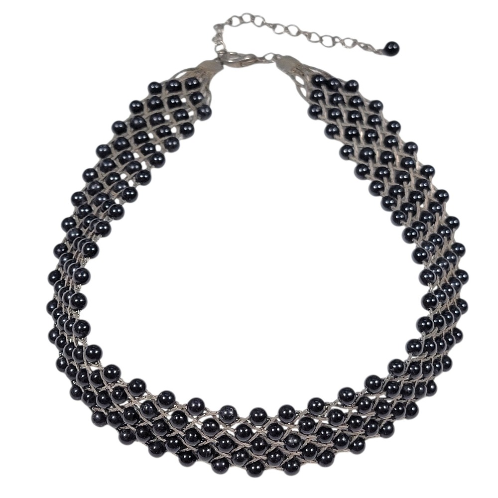 VTG 80s Black Beaded Woven Mesh Choker Necklace Silver Tone Flexible Goth Grunge